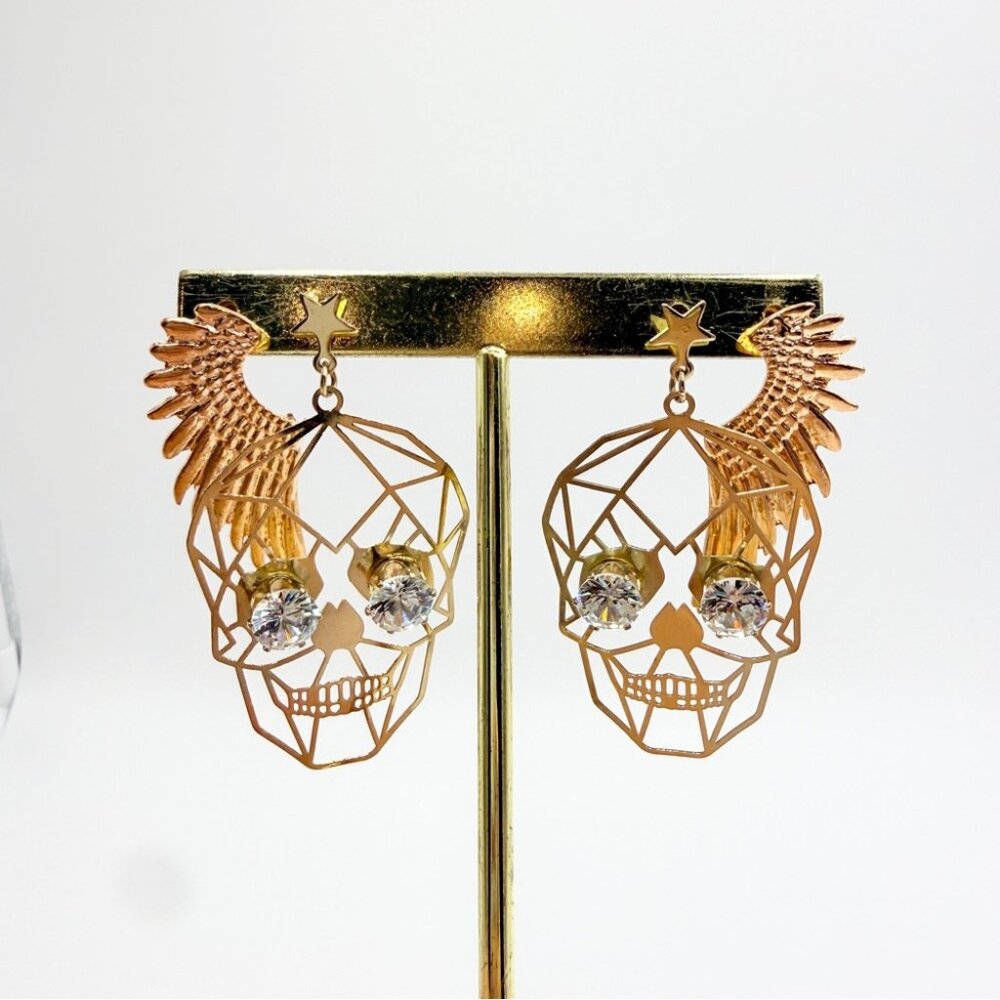 Gold Tone Skull & Wing Earrings Set – Gothic CZ Dangle + Angel Studs